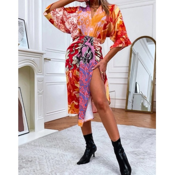 Boho floral print  V neck batwing sleeve dress - Picture 4 of 5